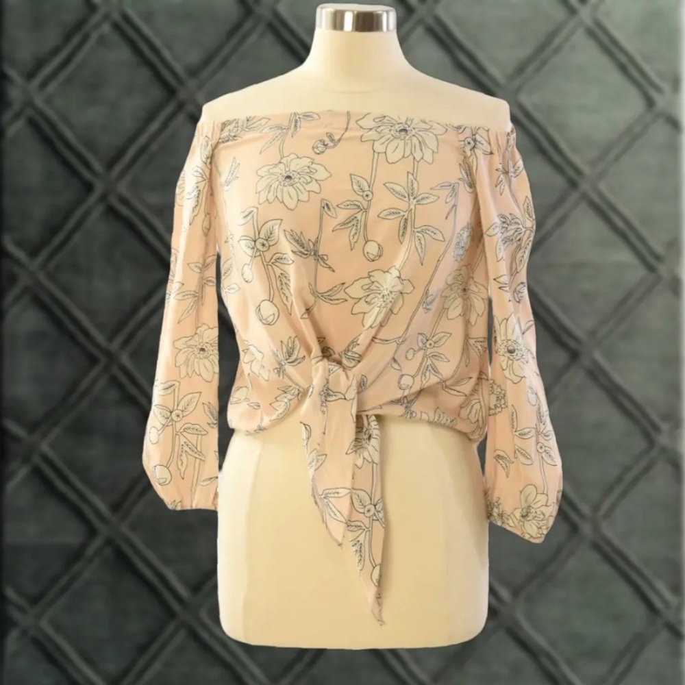 Amanda Uprichard Floral Silk Blouse Womens Sheer Blush Pink Tie Front Puff Sleev